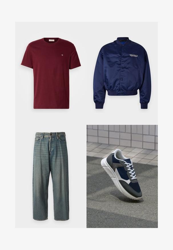 Mornarsko satensko bomber jakno z zapiranjem na gumbke, reberastimi manšetami in robom. Značilnost je vezenje "ORIGINALS" v svetlo bež barvi na prsih.; Burgundska majica s kratkimi rokavi in okroglim izrezom, izdelana iz bombaža, z majhnim belim logotipom na levem prsnem delu. Gladka tekstura.; Svetlomoderne kavbojke z ohlapnim krojem, srednjim pasom in ravnimi nogami. Imajo pet žepov, zanke za pas in zapiranje na gumb.; Superge z zgornjim delom iz mrežaste tkanine v mornarsko modri barvi, sivi usnjeni poudarki, belo gumijasto podplato in ravnimi belimi vezalkami, zasnovane za udobje in zračnost.
