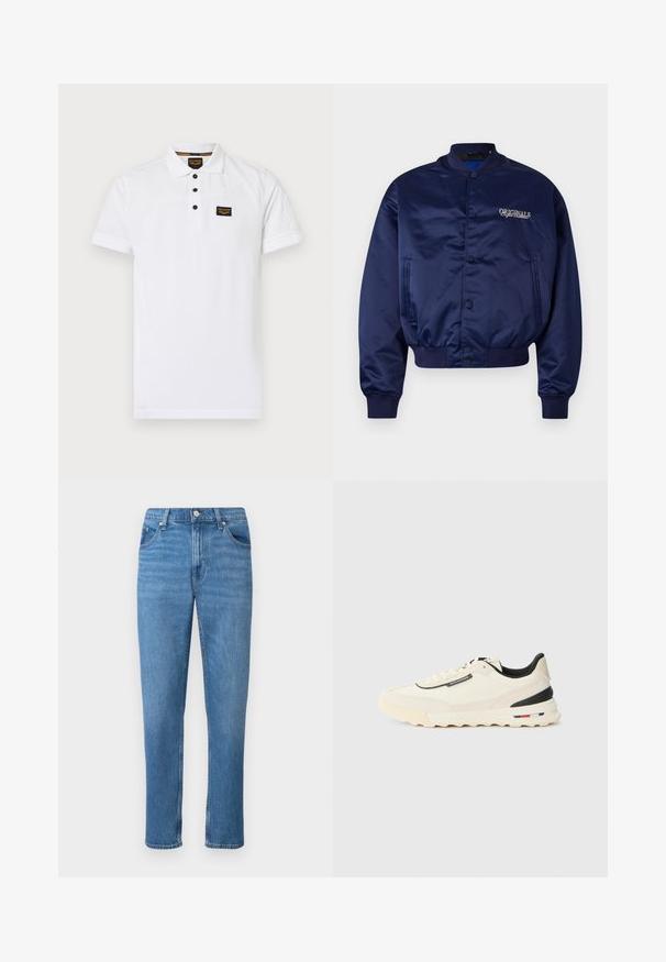 Granatowa satynowa kurtka bomberka z przodem na zatrzaski, ściągaczami przy rękawach i u dołu. Na piersi wyszyte słowo "ORIGINALS" w jasnym beżu.; Biała koszulka polo wykonana z fakturowanej bawełny, z trzema guzikami na plastrze, krótkimi rękawami i czarną łatką z logo na klatce piersiowej.; Niebieskie dżinsy o prostym kroju, z klasycznym pięciopunktowym stylem, zamkiem na guzik z przodu oraz delikatnymi detalami w postaci przetarć.; Sneaker w kolorze kremowym z teksturowanym zamszowym wierzchem, czarnymi akcentami oraz masywną gumową podeszwą z czerwono-biało-niebieskim paskiem.