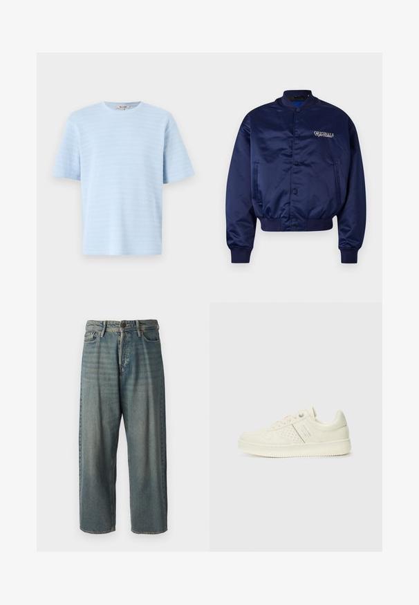 Mornarsko satensko bomber jakno z zapiranjem na gumbke, reberastimi manšetami in robom. Značilnost je vezenje "ORIGINALS" v svetlo bež barvi na prsih.; Svetlo modra kratkolasna majica iz teksturiranega pletenega materiala z vodoravnimi črtami. Krožni izrez in ohlapen kroj.; Svetlomoderne kavbojke z ohlapnim krojem, srednjim pasom in ravnimi nogami. Imajo pet žepov, zanke za pas in zapiranje na gumb.; Sneaker v kremni barvi s perforiranim detajlom, vezalkami in logotipom na strani, prikazan na enostavni beli ozadju.