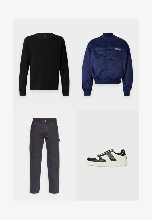 Marine satijnen bomberjack met een drukknoopsluiting aan de voorkant, geribbelde manchetten en onderrand. Bevat "ORIGINALS" geborduurd in lichtbeige op de borst.; Zwarte langesleeve t-shirt gemaakt van zachte katoen, met een ronde hals, ribgebreide manchetten en een klein borstzakje. Minimalistisch ontwerp.; Donkergrijze cargobroek van duurzaam materiaal, met een rechte pijp, vijf zakken en een knoopsluiting in de taille.; Leren sneakers met een zwart en crèmekleurig kleurenschema, voorzien van geperforeerde accenten, een gevoerde kraag en een gestructureerde buitenzool.