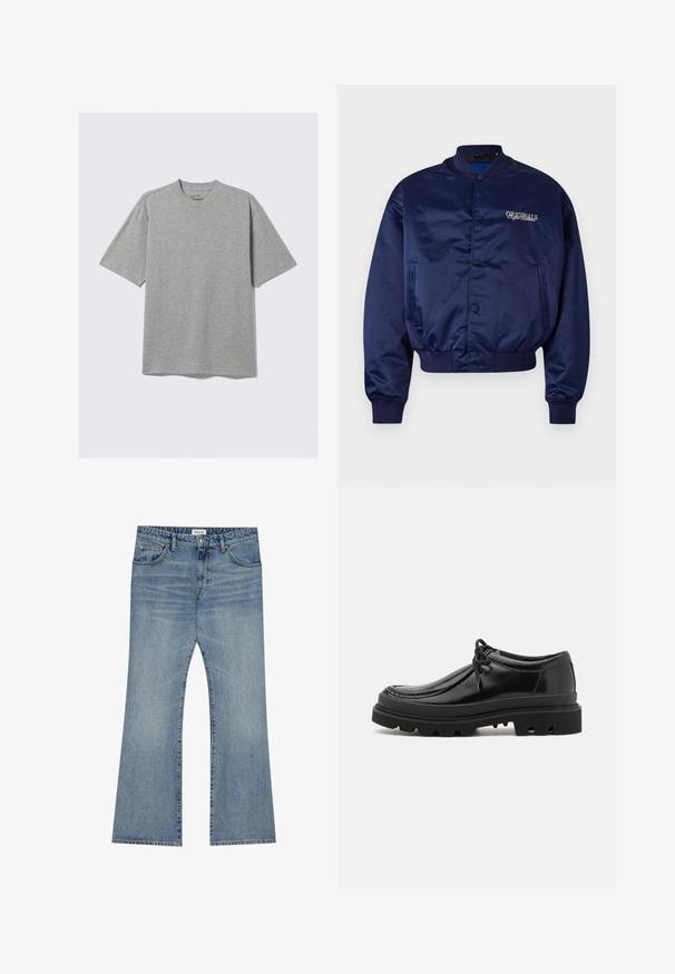 Marineblaues Satin-Bomberjackett mit Druckknopfverschluss, gerippten Bündchen und Saum. Mit "ORIGINALS" in hellbeige auf der Brust bestickt.; Kurzärmliges graues T-Shirt aus weichem Baumwollmix, mit Rundhalsausschnitt und lässiger Passform, ohne sichtbare Muster oder Akzente.; Hellblaue Jeans aus Denim im Schlagdesign, mit klassischem Fünf-Taschen-Stil und einem Knopfverschluss am Bund.; Schwarze Leder-Derby-Schuhe mit einem eleganten Design, runder Zehenpartie und rutschfester Gummisohle mit tiefen Rillen für besseren Halt.