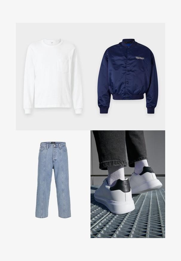 Jūras spēku satīna bomber jaka ar pogu aizdari priekšā, ribotām piedurknēm un apakšmalu. Uz krūtīm ir izšūts vārds "ORIGINALS" gaiši bēšā krāsā.; Balta garām piedurknēm T-krekls, kas izgatavots no kokvilnas. Tam ir apaļa kakla izgriezuma forma un mazs krūšu kabatiņa. Mīksta tekstūra ar ribotām piedurknēm.; Gai zilos džinsus ar brīvu piegriezumu, platām kājām un redzamām šuvēm. Iespējams, pogu un rāvējslēdzēja aizdare, pieci kabatas.; Balti sporta apavi ar melnu papēdi, kurai ir smaidoša sejas dizains, gluda ādas materiāls, plakana gumijas zole un teksturēta apdare.