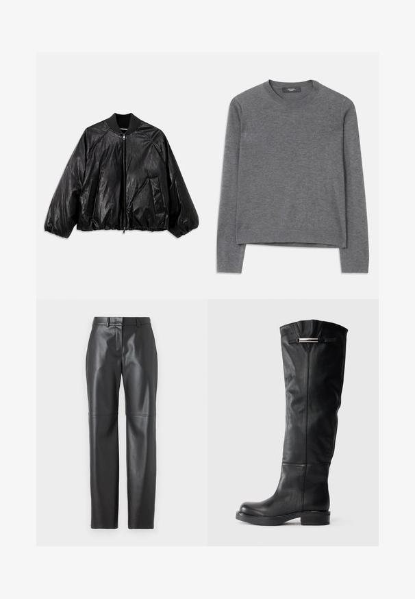 Juodas odinis bomber tipo švarkas su raštuotu apykakle, elastinėmis rankovėmis, priekinėmis kišenėmis ir užtrauktuku. Yra šiek tiek blizgus paviršius.; Pilkas ilgomis rankovėmis megztinis, pagamintas iš minkštos trikotažo medžiagos. Yra apvaliu iškirpimu, megausiai ir apykakle, laisvas kirpimas ir be siūlių konstrukcija.; Juodos dirbtinės odos kelnes su tiesiu kirpimu, su priekine užtrauktuku, diržo kilpos ir siuvimo detalėmis ant kojų.; Knee-high juodi odiniai batai su lygiu paviršiumi, apvaliu pirštu ir žemu bloko kulnu. Viršutinėje pusėje yra sidabrinis akcentas.