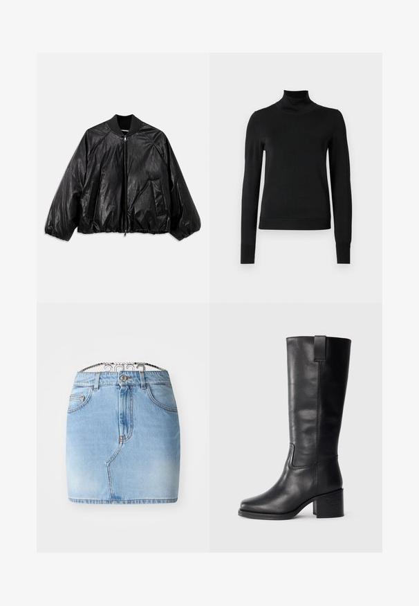 Black leather bomber jacket with a ribbed collar, elastic cuffs, front pockets, and a zipper closure. Features a slightly shiny texture.; Black long-sleeve turtleneck sweater with ribbed cuffs and hem, displayed on a plain white background.; GCDS CHOKER SKIRT - Denim skirt - light blue; Black leather knee-high boots with a smooth texture, square toe, block heel, and side pull tab, featuring minimal stitching details.
