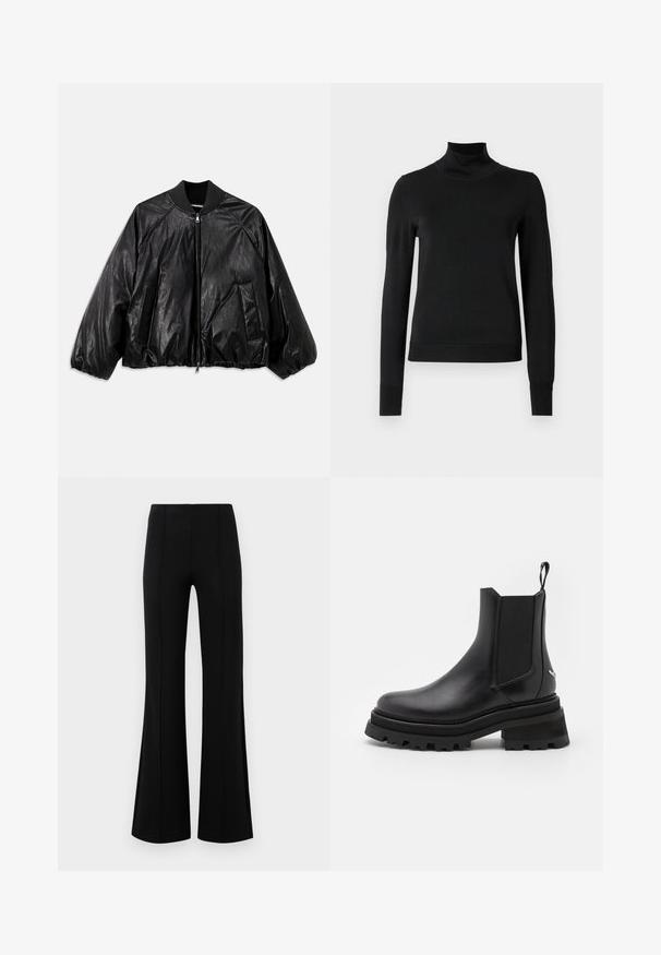 Giubbotto bomber in pelle nera con colletto a coste, polsini elastici, tasche frontali e chiusura con cerniera. Presenta una texture leggermente lucida.; Pullover nero a maniche lunghe con collo alto, rifinito con polsini e orlo a coste, mostrato su uno sfondo bianco semplice.; Pantaloni neri a zampa d'elefante con vita alta, realizzati in tessuto elastico. Presentano dettagli di cucitura verticale nella parte anteriore e una texture liscia.; Stivale Chelsea in pelle nera con pannelli elastici laterali, punta rotonda, suola in gomma spessa e linguetta sul tallone. Superfici strutturate e lisce.