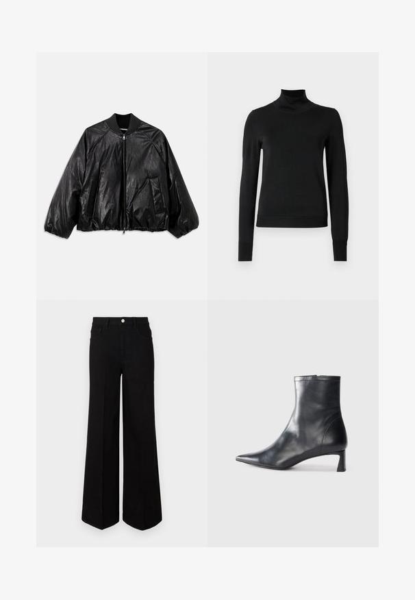 Črna usnjena bomberska jakna z rebrastim ovratnikom, elastičnimi manšetami, sprednjimi žepi in zadrgo. Ima rahlo sijočo teksturo.; Črni pulover s dolgimi rokavi in vratnikom, z rebrastimi манжетами in robom, prikazan na enobarvni beli podlagi.; Črne široke kavbojke iz trpežnega materiala, z visokim pasom, sprednjimi žepi in sprednjim gumbom. Raven rob na dnu.; Črne usnjene gležnjarje s šiljastim nosom in elegantnim dizajnom. Imajo nizko peto in zadrgo na zadnji strani. Gladka tekstura.