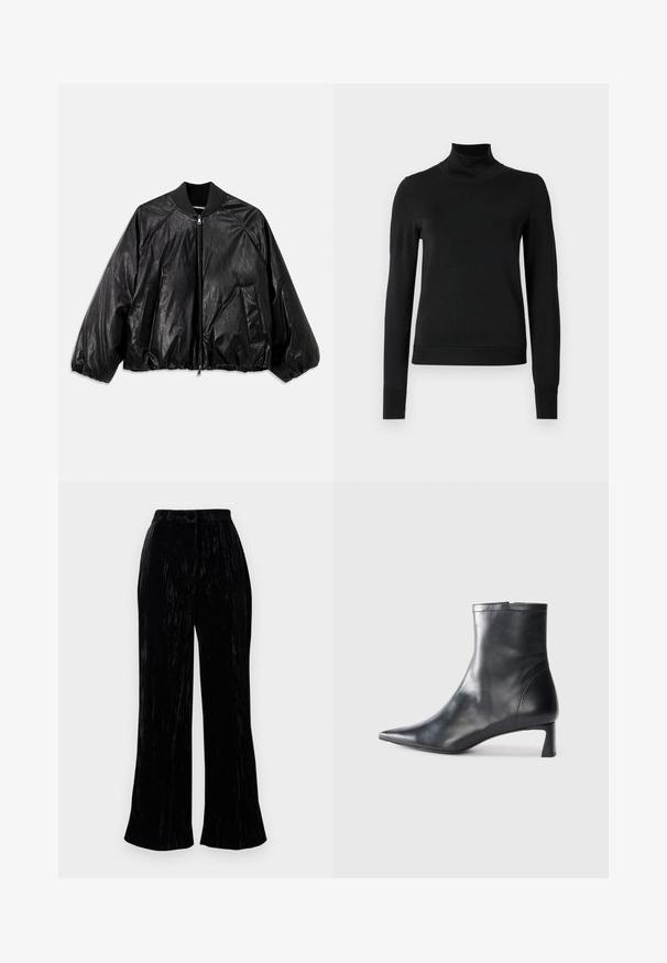 Giubbotto bomber in pelle nera con colletto a coste, polsini elastici, tasche frontali e chiusura con cerniera. Presenta una texture leggermente lucida.; Pullover nero a maniche lunghe con collo alto, rifinito con polsini e orlo a coste, mostrato su uno sfondo bianco semplice.; Pantaloni wide-leg in velluto nero con una consistenza morbida, caratterizzati da una vita alta e sottili righe verticali. Taglio rilassato.; Stivaletto in pelle nera con punta affusolata e design elegante. Presenta un tacco basso e una chiusura con zip sul retro. Texture liscia.