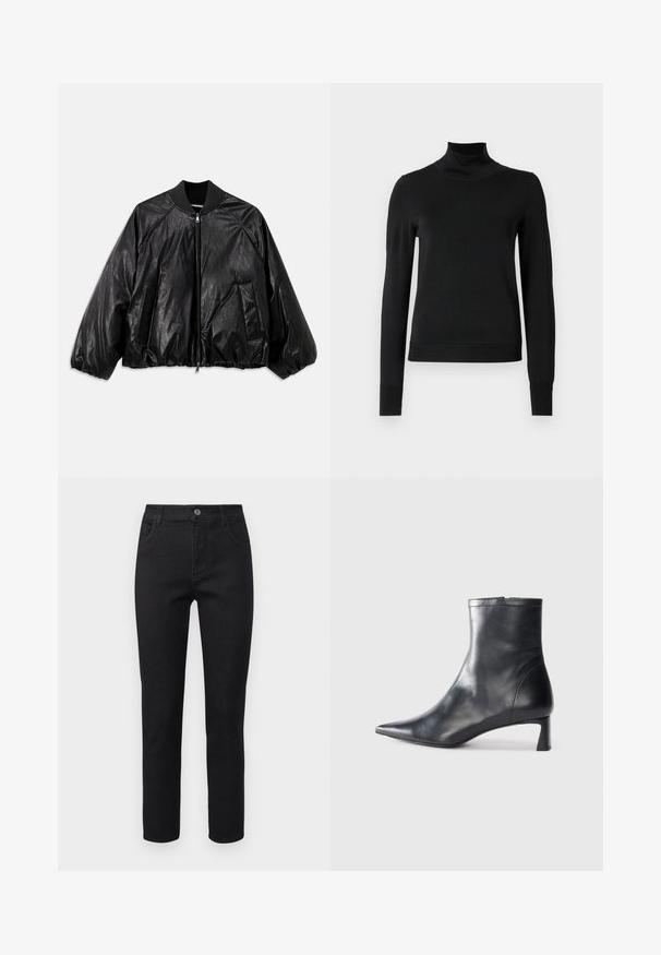 Jaqueta bomber de couro preto com colarinho canelado, punhos elásticos, bolsos frontais e fecho de correr. Apresenta uma textura ligeiramente brilhante.; Sweater preto de manga longa com gola alta, com punhos e bainha canelados, exposto em um fundo branco liso.; Jeans em denim preto com corte reto, design de cinco bolsos e fecho de botão. O tecido tem uma textura suave e ligeira elasticidade.; Bota de tornozelo em pele preta com biqueira apontada e um design elegante. Apresenta um salto baixo e um fecho com zipper na parte de trás. Textura suave.