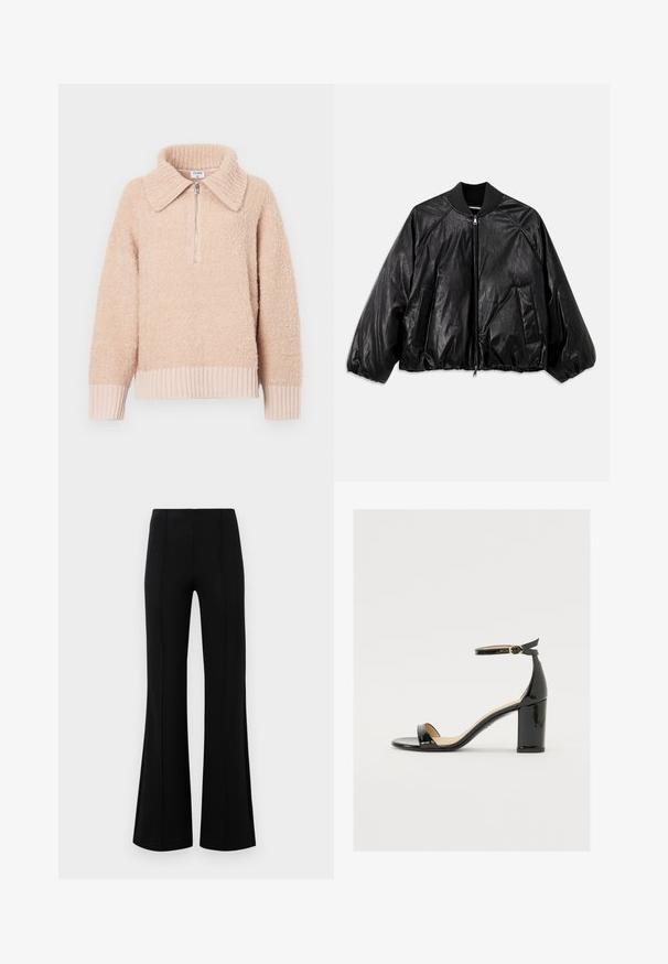 Mustat nahkainen pommikauhtana, jossa on ribattukansi, joustavat hihansuut, etutaskut ja vetoketjukiinnitys. Omistaa hieman kiiltävän pinnan.; Beige fleece-pusero, jossa on kauluspääntie ja puolen vetoketjun sulku. Ribbbireunat hihansuissa ja helmassa. Pehmeä rakenne, joka antaa mukavan ilmeen.; Musta leveälahkeinen housu, jossa on korkea vyötärö, valmistettu joustavasta kankaasta. Etupuolella on pystysaumayksityiskohtia ja sileä pinta.; Mustat patenttinahtiset sandaalit, joissa on leveä korko, avoin varvas ja nilkkahihna, jossa on kultainen solki. Suora pinta ja tyylikäs muotoilu.
