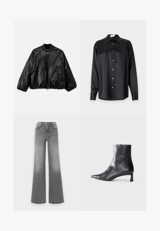 Black leather bomber jacket with a ribbed collar, elastic cuffs, front pockets, and a zipper closure. Features a slightly shiny texture.; Black long-sleeve shirt with a collared neckline, featuring a crinkled texture, full button front, and cuffs. Made from a smooth fabric.; Grey wide-leg jeans made of denim. Features a high waist, four pockets, and a slight fade effect on the front for added texture.; Black leather ankle boot with a pointed toe and a sleek design. Features a low heel and a zipper closure at the back. Smooth texture.
