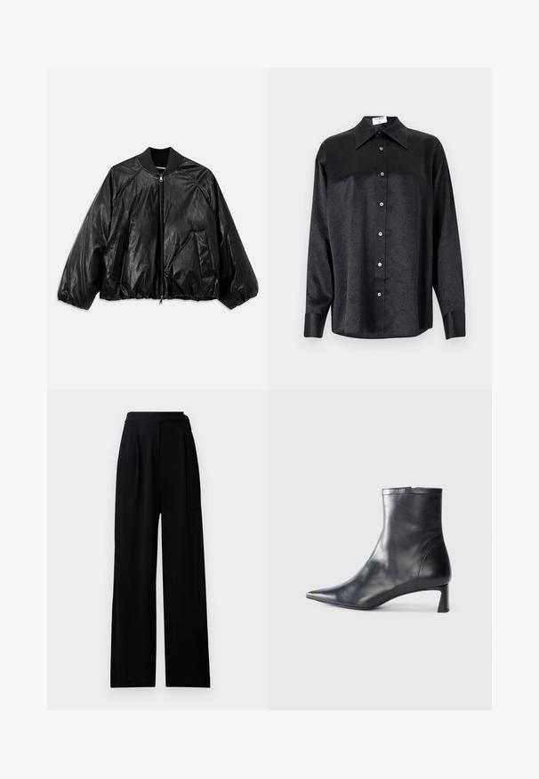 Veste bomber en cuir noir avec un col côtelé, des poignets élastiques, des poches avant et une fermeture éclair. Présente une texture légèrement brillante.; Chemise noire à manches longues avec un col, présentant une texture froissée, une fermeture à boutons sur le devant et des poignets. Fabriquée en tissu lisse.; Pantalons larges noirs en tissu doux, dotés d'une taille haute et d'une ceinture à nouer assortie, avec une texture lisse et sans motifs visibles.; Bottine en cuir noir avec un bout pointu et un design épuré. Présente un petit talon et une fermeture éclair à l'arrière. Texture lisse.