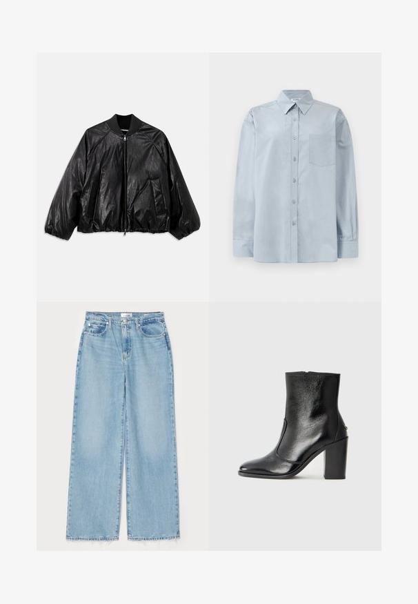 Črna usnjena bomberska jakna z rebrastim ovratnikom, elastičnimi manšetami, sprednjimi žepi in zadrgo. Ima rahlo sijočo teksturo.; Svetlo modra srajca z dolgimi rokavi in gumbi, s poudarjenim ovratnikom in žepom na prsih, razprostrta na beli podlagi.; Svijetloplave traperice širokog kroja izrađene od denima, s razdrapanim donjim rubom, klasičnim dizajnom s pet džepova i kopčanjem na gumbe u struku.; Črne usnjene gležnarske čevlje z gladko teksturo, koničastim nosom in debelim visokim petam. Imajo stransko odprtino in minimalističen dizajn.