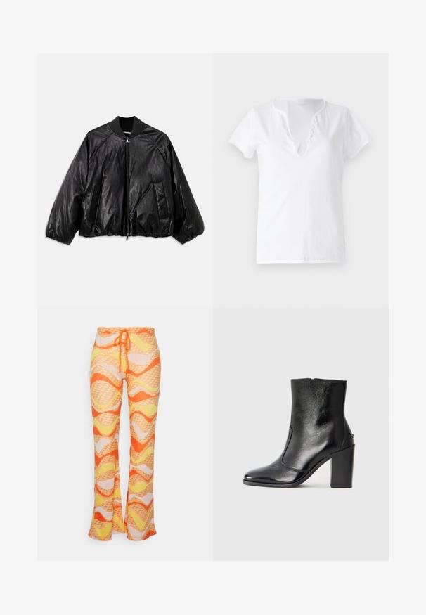 Jaqueta bomber de couro preto com colarinho canelado, punhos elásticos, bolsos frontais e fecho de correr. Apresenta uma textura ligeiramente brilhante.; T-shirt branco de algodão com mangas curtas, um corte descontraído e um decote em V com uma tira com cinco botões decorativos.; Calças flare de malha com um padrão ondulado em laranja, amarelo e creme. Apresentam uma cinta com cordão e um tecido texturizado.; Bota ankle preta em pele com uma textura suave, bico fino e um salto alto robusto. Apresenta uma abertura lateral e um design minimalista.