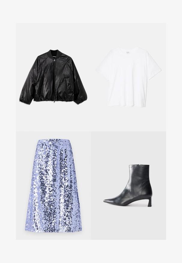 Must musta bomber-jakk mustriga kraega, elastsete mansettide, ees olevate taskute ja tõmblukuga. Omab kergelt läikivat tekstuuri.; Valge puuvillane T-särk lühikeste varrukatega, ümmargune kaelus, mugav lõige ja õmmeldud serv. Silt nähtav kaela seest.; Knee-liiguline seelik, mis on valmistatud läikivatest sinistest sädelustest mustade aktsentidega, omab sirget lõiget ja sileda tekstuuri.; Mustad mustall nahkasaabas terava nina ja stiilse disainiga. Omab madalat konts ja luku sulgemist taga. Sile tekstuur.