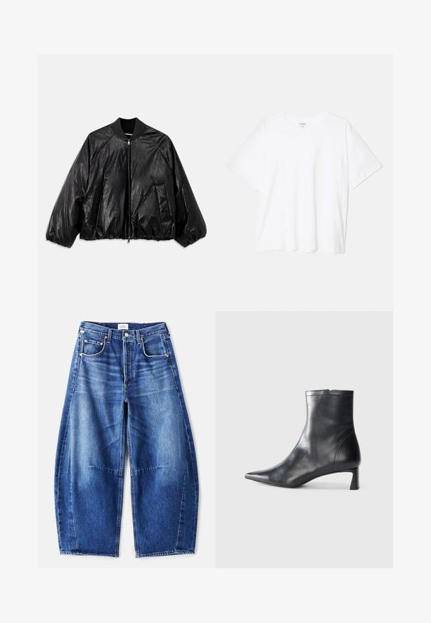 Fekete bőr bomber dzseki bordázott gallérral, elasztikus mandzsettákkal, elülső zsebekkel és cipzáras záródással. Enyhén fényes texúrával rendelkezik.; Fehér pamut póló rövid ujjal, kerek nyakkivágással, laza fazonnal és varrott szegéllyel. Címke látható a belső nyakrészén.; Széles szárú, kék farmernadrág, amelynek elhasználódott felülete van, öt zsebbel, réz szegecsekkel és cipzáras záródással rendelkezik. Az anyaga texturált és strapabíró.; Fekete bőr bokacsizma hegyes orral és letisztult dizájnnal. Alacsony sarka és hátsó cipzáras záródása van. Simának tűnő textúra.