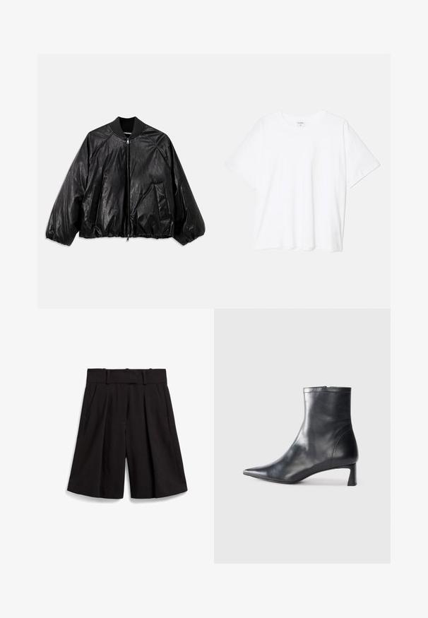 Must musta bomber-jakk mustriga kraega, elastsete mansettide, ees olevate taskute ja tõmblukuga. Omab kergelt läikivat tekstuuri.; Valge puuvillane T-särk lühikeste varrukatega, ümmargune kaelus, mugav lõige ja õmmeldud serv. Silt nähtav kaela seest.; Mustad lühikesed püksid, millel on lai jalg, voldid ees ja lapik vöökoht koos pidejatega. Sile kangas.; Mustad mustall nahkasaabas terava nina ja stiilse disainiga. Omab madalat konts ja luku sulgemist taga. Sile tekstuur.