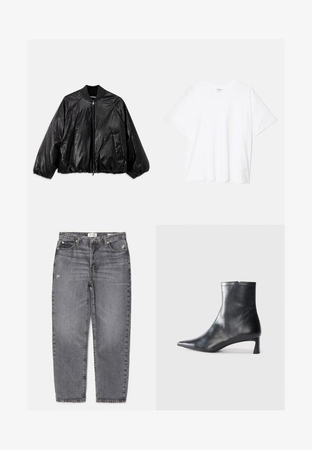 Veste bomber en cuir noir avec un col côtelé, des poignets élastiques, des poches avant et une fermeture éclair. Présente une texture légèrement brillante.; T-shirt en coton blanc avec des manches courtes, un col rond, une coupe décontractée et un ourlet cousu. Étiquette visible à l'intérieur du col.; Jeans en denim gris avec une coupe droite, texture délavée, légère usure à l'avant et un design classique à cinq poches.; Bottine en cuir noir avec un bout pointu et un design épuré. Présente un petit talon et une fermeture éclair à l'arrière. Texture lisse.