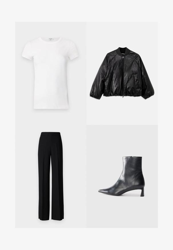 Jaqueta bomber de couro preto com colarinho canelado, punhos elásticos, bolsos frontais e fecho de correr. Apresenta uma textura ligeiramente brilhante.; T-shirt branco de manga curta com gola redonda. O tecido parece suave com uma silhueta justa. Etiqueta de marca visível na gola.; Calças largas pretas com uma textura suave, apresentando uma cintura alta e pregas centrais. Sem padrões visíveis ou detalhes em metal.; Bota de tornozelo em pele preta com biqueira apontada e um design elegante. Apresenta um salto baixo e um fecho com zipper na parte de trás. Textura suave.