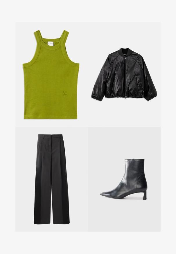 Čierna kožená bomber bunda s rebrovaným golierom, elastickými manžetami, prednými vreckami a zipsovým zapínaním. Má mierne lesklú textúru.; Zelený rebrovaný tielko so širokými ramienkami, s malým embosovaným logom, vyrobené z mäkkej tkaniny s textúrovaným povrchom.; Čierne široké nohavice s vysokým pásom, so záhybmi vpredu, hladkou textúrou a prispôsobeným strihom. Navrhnuté pre uvoľnený strih.; Čierne kožené členkové topánky s špicatou špičkou a elegantným dizajnom. Majú nízky podpätok a zips na zadnej strane. Hladká textúra.