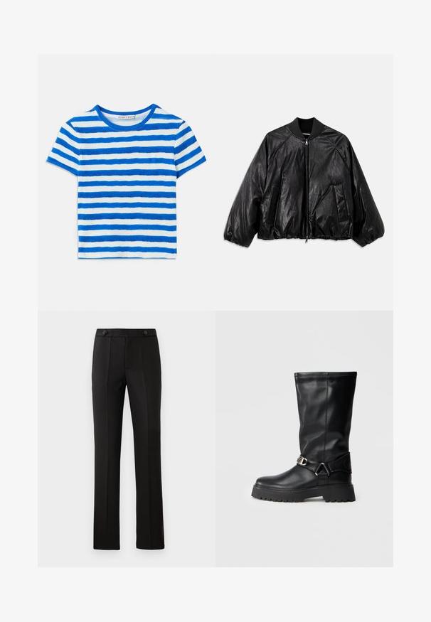 Must musta bomber-jakk mustriga kraega, elastsete mansettide, ees olevate taskute ja tõmblukuga. Omab kergelt läikivat tekstuuri.; Sinine ja valge triibuline lühikeste varrukatega T-särk, millel on soonik tekstuur ja ümmargune kaelus. Triipude mustrid erinevad laiuselt.; Mustad kohandatud püksid sirge säärega, kahe esipocketiga, nup closure'iga ja volditud detailidega ees. Sile kangatekstuur.; Mustad kuni põlvedeni saapad, mis on valmistatud siledast nahast, külgedel on pealmise aktsendina pandla ning paksem, tekstuuriga talla osa, mis tagab haarde.