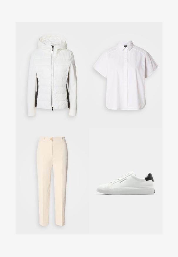 Veste blanche rembourrée avec capuche et panneaux latéraux noirs, dotée d'une fermeture éclair à l'avant et d'accents en tissu texturé sur les côtés.; Chemise blanche à manches courtes, à boutons, avec un col pointu et un ourlet arrondi. Fabriquée en coton, elle possède une texture lisse et sans motifs visibles.; Pantalons taille haute couleur crème en tissu texturé. Dotés d'une fermeture à bouton à l'avant et de jambes fuselées.; Sneaker blanche avec une finition lisse, accent noir au talon et design à lacets. Présente le logo "Calvin Klein" sur le côté. Style minimaliste.