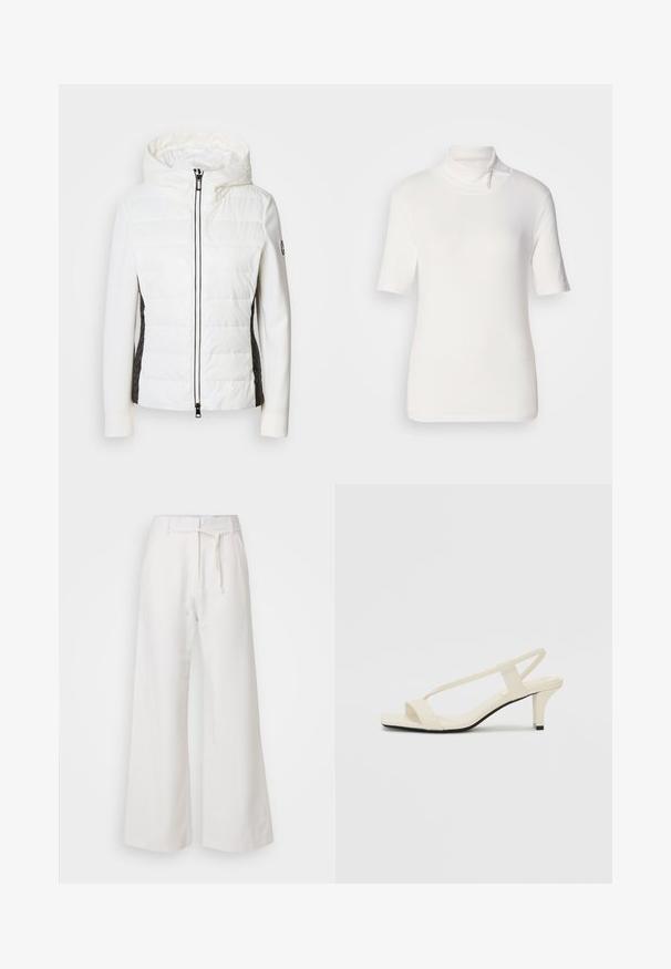 Polstret hvid jakke med hætte og sorte sidepaneler, der har en frontlynlås og strukturerede stofdetaljer på siderne.; Hvid kortærmet turtleneck bluse, lavet af strækbart stof, med en høj krave og en lynlåsdetalje ved halsen.; DAY Birger et Mikkelsen TERRI SOLID - Bukser - cloud cream; Beige blokhælede sandaler med tynde remme og en firkantet tå. Glat materiale med minimal detaljering, designet til nem brug.