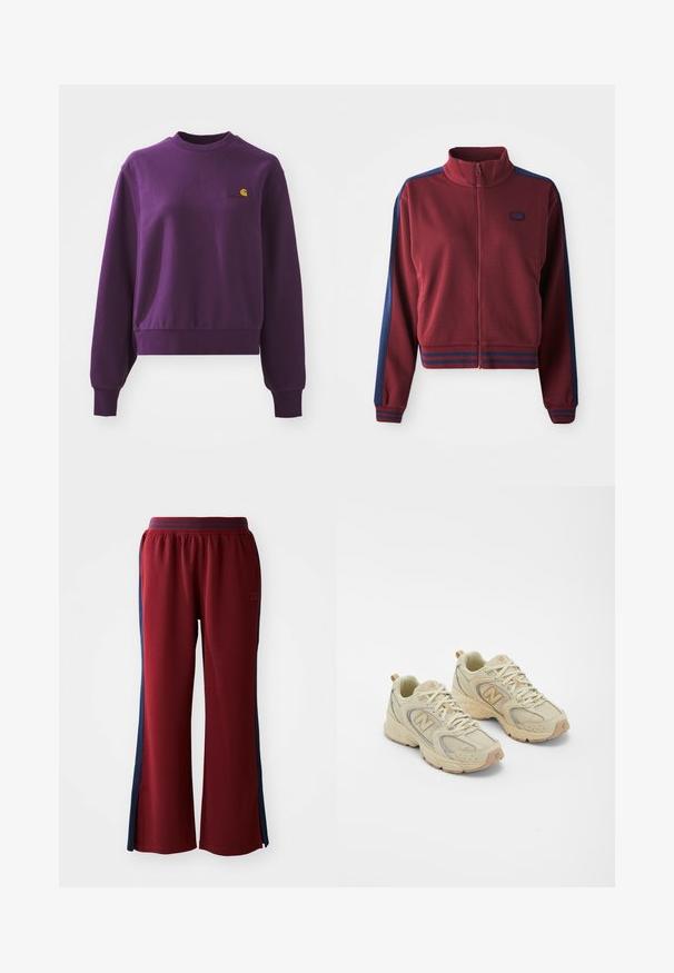 Jachetă cu fermoar de culoare vișinie, cu guler înalt, panouri laterale de culoare albastru marin și accente în dungi la manșete și talie. Material moale, texturat.; Hanorac violet din bumbac, cu guler rotund și manșete cu nervuri. Are un mic logo galben pe piept. Design cropped.; Pantaloni de trening roșii, cu o croială lejeră, prevăzuți cu dungi laterale de culoare albastru închis și cu o fasonare largă. Talie elastică pentru confort.; Pantofi sport bej cu partea superioară din plasă, accente texturate și talpă din cauciuc. Prezintă un logo proeminent pe lateral și închidere cu șireturi.