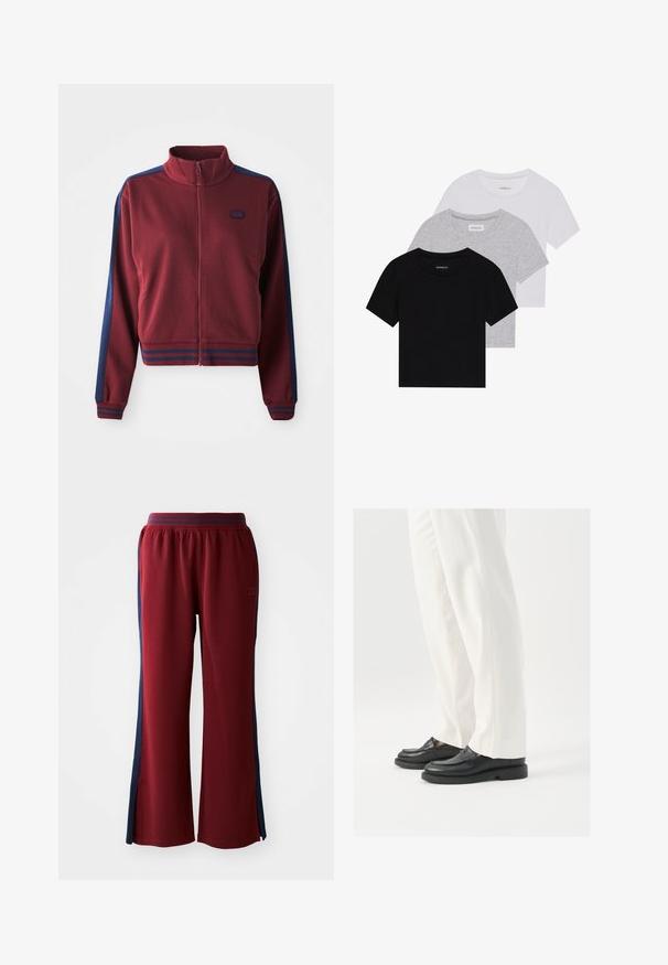 Bordeaux rode jack met rits en hoge kraag, marineblauwe zijpanelen en gestreepte accenten op de manchetten en de tailleband. Zachte, gestructureerde stof.; Set van drie korte mouwen t-shirts in zwart, grijs en wit. Gemaakt van katoen, met een ronde hals en een eenvoudig, effen kleurontwerp.; Rode joggingbroek met een losse pasvorm, voorzien van navyblauwe zijkanten en een wijd pijpenontwerp. Elastische tailleband voor comfort.; Zwarte leren loafers met een gladde textuur, steekdetails en een ronde neus, gecombineerd met witte, op maat gemaakte broeken.