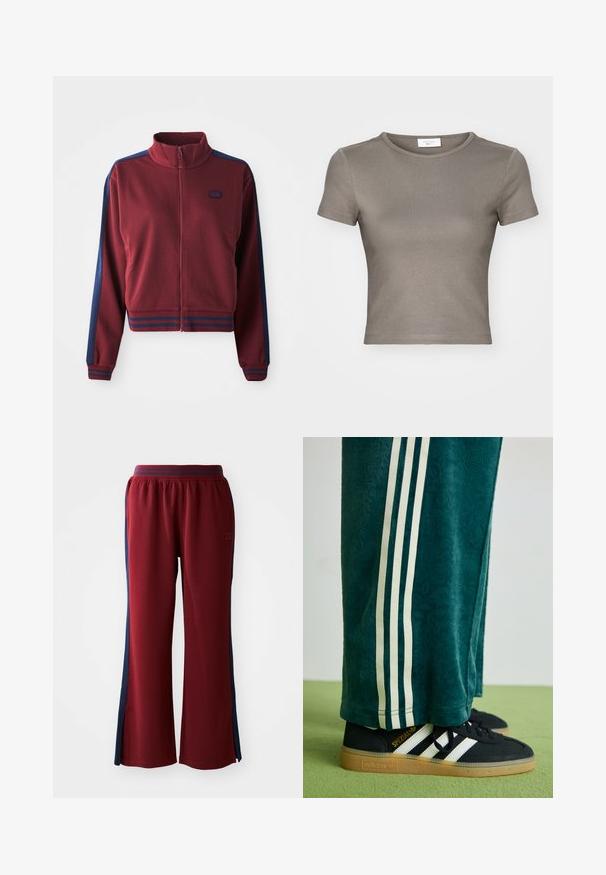 Maroon zip-up jacket with high collar, navy blue side panels, and striped accents at the cuffs and waistband. Soft, textured fabric.; Short-sleeve, crew-neck T-shirt in taupe, made from smooth cotton. Features a fitted design and fine stitching along the hem and sleeves.; Red sweatpants with a loose fit, featuring navy blue side stripes and a wide leg design. Elastic waistband for comfort.; Green textured pants with white side stripes, paired with black Adidas sneakers featuring three white stripes and a gum sole.