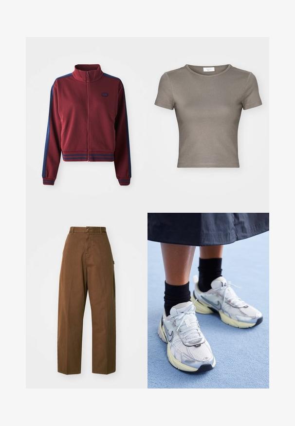 Bordeaux-tyylinen vetoketjullinen takki, jossa on korkea kaulus, tummansinisiä sivupaneeleja ja raidallisia tehosteita hihansuissa ja vyötäröllä. Pehmeä, teksturoitu kangas.; Lyhythihainen, pyöreäkaulainen t-paita taupe-värissä, valmistettu sileästä puuvillasta. Sijoittuu istuvaksi ja siinä on hienot saumat helman ja hihansuiden ympärillä.; Ruske, brede bukser laget av slitesterk stoff med knappelukking og sidelommer. Slett tekstur og rett snitt.; Valkoiset ja hopeiset Nike-lenkkarit, joissa on verkkomateriaalia, heijastavia yksityiskohtia ja beige pohja. Käytetään mustien sukkien kanssa, seisten sinisellä pinnalla.