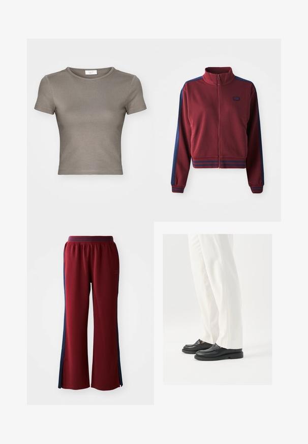 Burgundi zipzáras kabát magas gallérral, tengerészkék oldalsó panelekkel és csíkos részletekkel a karkivágásoknál és az derékrésznél. Puha, texturált anyag.; Rövid ujjú, kerek nyakú póló bézs színben, sima pamutból készült. Illeszkedő fazon jellemzi, finom varrással az alján és az ujjaknál.; Piros, bő szabású sportnadrág, amelyet tengerészkék oldalcsíkok díszítenek, és széles láb kialakítással rendelkezik. Rugalmas derékrész a kényelem érdekében.; Fekete bőr loaferek sima textúrával, varrásos részletezéssel és kerek orral, fehér, szabott nadrággal párosítva.