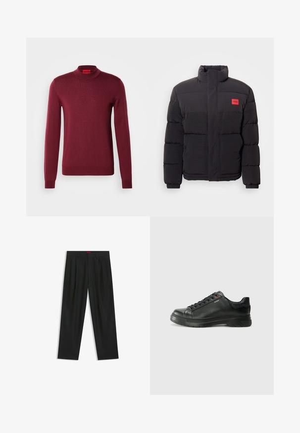 Schwarze Pufferjacke mit hohem Kragen, Fronttaschen und rotem "HUGO"-Logopatch auf der linken Brust.; Burgunderfarbener, langärmeliger Pullover aus geripptem Strick, mit hohem Kragen und figurbetontem Schnitt sowie einem kleinen Logo am Saum.; Schwarze Hose mit einem gefältelten Design, weiter Beinform und glatter Textur. Verfügt über ein rotes Taillenlabel.; Schwarze Leder-Sneaker mit strukturiertem Obermaterial, gepolstertem Kragen und rotem Logo-Detail. Verfügt über eine dicke Gummisohle mit markantem Profil.