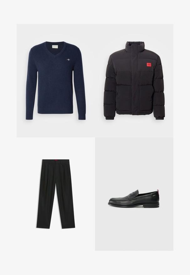 Svart puffjacka med hög krage, framfickor och röd "HUGO" logotyp patch på vänster bröst.; Mörkblå v-ringad tröja i mjukt stickat material. Har långa ärmar och en liten broderad logotyp på vänstra bröstet. Klassisk passform.; Svarta byxor med vikta detaljer, bred benform och en slät textur. Har en röd midjebandsetikett.; Svarta läderloafers med en texturerad frontpanel och släta sidor. Utrustade med en smal klack och en bakre ögla för enkel påtagning. Klassisk design.