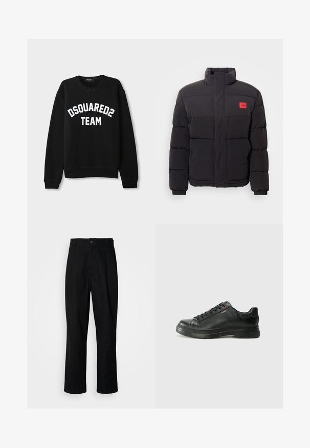 Melnā pūkainā jaka ar augstu apkakli, priekšējiem kabatām un sarkano "HUGO" logo uz kreisā krūškurvja.; Melnā džemperis ar garām piedurknēm, apaļu kakla izgriezumu un baltu "DSQUARED2 TEAM" tekstu krūtīs. Mīksta auduma, ribotām piedurknēm un apakšmalai.; Melni taisni bikses ar pogu, jostu cilpiņām un priekšējo krokām, izliktas uz vienkārša balta fona.; Melnas ādas sporta kedas ar teksturētu virsu, mīkstinātu apmalu un sarkanu logotipa detaļu. Iezīmējas ar biezu gumijas zoli ar izteiktu rakstu.