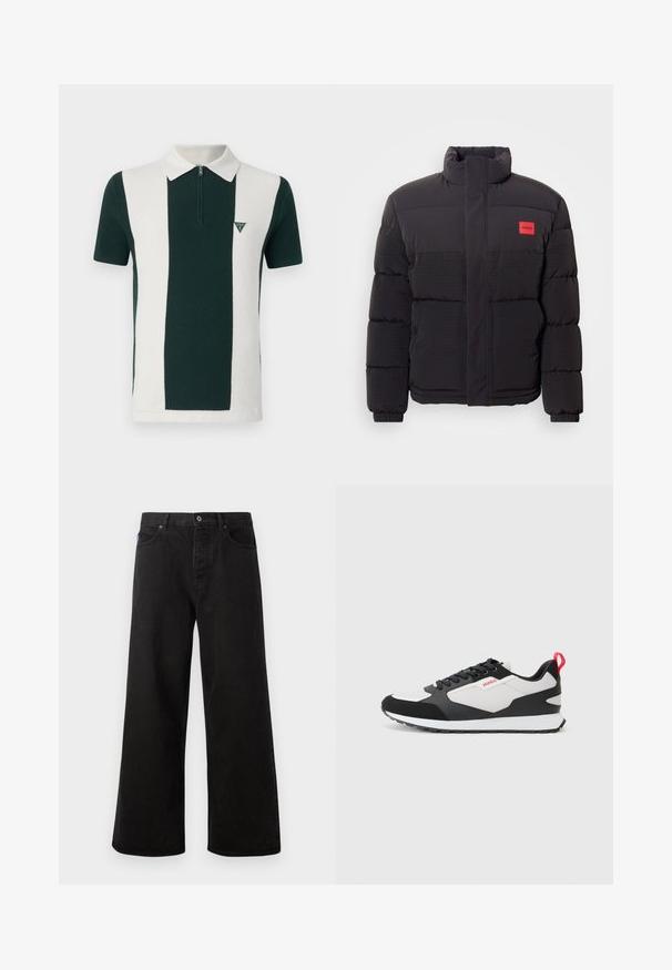 Must must, kõrge kraega, esikottidega ja vasakul rinnal punase "HUGO" logopatchiga.; Roheline ja valge triibuline polo särk, millel on lukuga krae, tekstureeritud kangas ja väike kolmnurkne logo vasakul rinnal.; Mustad laiad denim püksid, millel on nööpklipp, viis taskut ja kontrastne õmblus. Esiküljel on brändi silt vööl.; Mustvalged ja valged tennisetossud, mille ülemine osa on valmistatud nubukist ja võrkkattest, punase tõmbluku abil ning struktureeritud tallaga. Paelad ja logo detail.