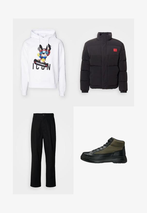 Doudoune noire avec col haut, poches avant et patch logo rouge "HUGO" sur la poitrine gauche.; Haut à capuche blanc avec un chien en cartoon coloré portant des lunettes, un pull bleu et des gants jaunes, avec "DSQUARED2 ICON" imprimé en dessous.; Pantalons noirs à jambes droites avec une taille à bouton, passants de ceinture et pli avant, présentés sur un fond blanc uni.; Baskets montantes noires et olive en cuir et matériau synthétique, avec des lacets ronds, des œillets en métal et une semelle texturée.