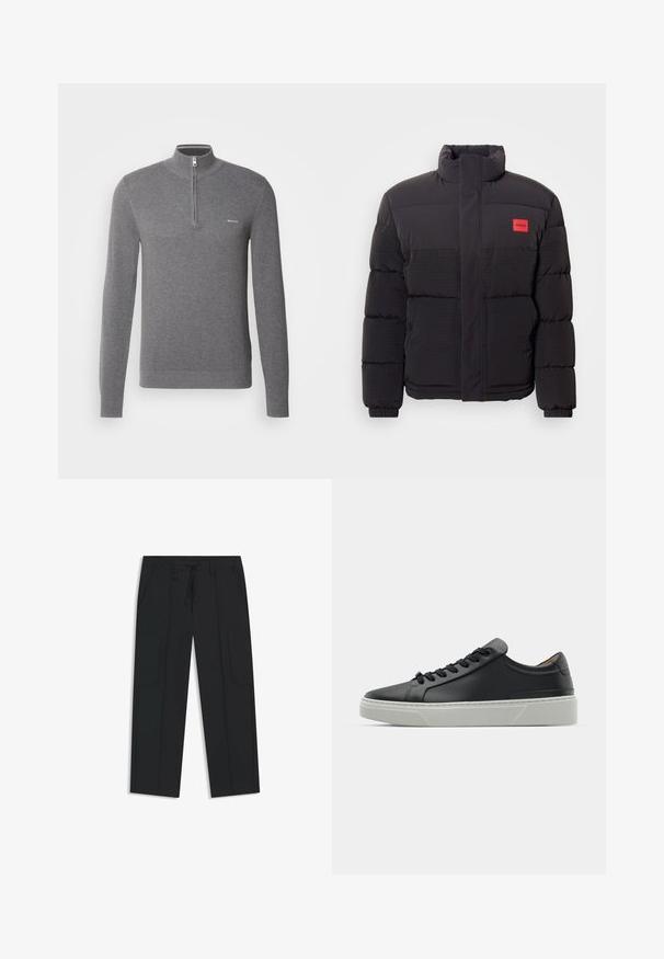 Black puffer jacket with high collar, front pockets, and red "HUGO" logo patch on left chest.; Gray long-sleeve pullover sweater with a half-zip collar, textured knit pattern, and a small logo on the left chest.; Black cargo pants made of nylon. Features an elastic waistband with a drawstring, side pockets, and flat front design.; Black leather sneaker with a smooth texture, round toe, and black laces. Features a thick, white rubber sole with subtle geometric accents.