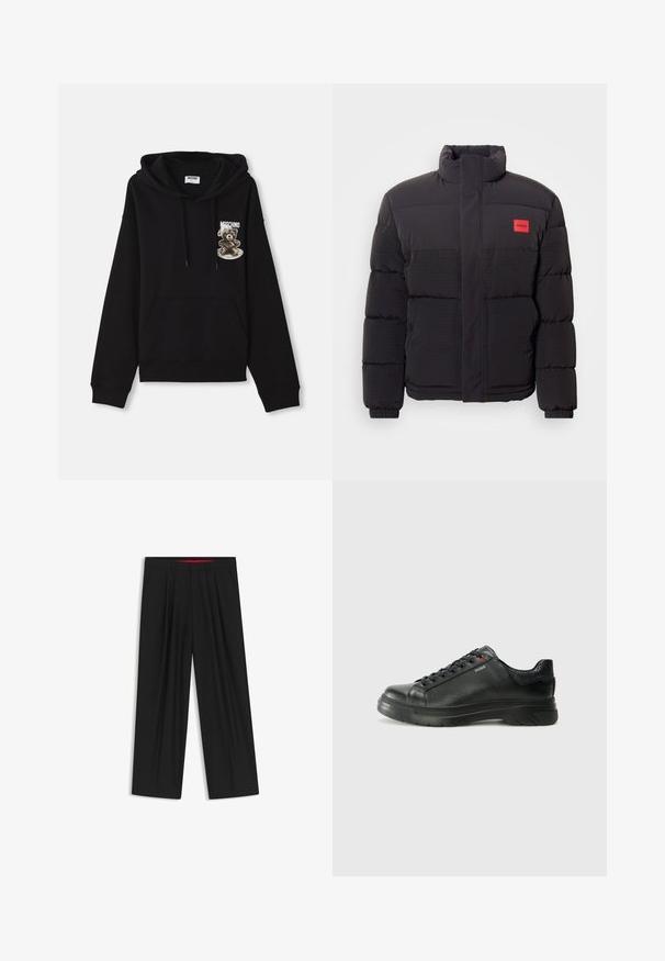 Giacca a vento nera con collo alto, tasche frontali e patch rosso con logo "HUGO" sul lato sinistro del petto.; Felpa nera con cappuccio dotata di tasca frontale, lacci e una grafica che rappresenta un orso su un piatto con il nome del marchio "Moschino."; Pantaloni neri a gamba larga con fronte piatto, due tasche laterali, design plissettato e un elastico in vita di colore rosso a contrasto.; Sneaker nera in pelle con superficie testurizzata, collo imbottito e dettaglio logo rosso. Presenta una suola in gomma spessa con un motivo di battistrada distintivo.