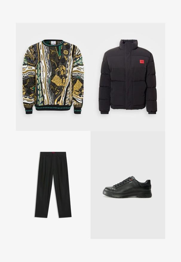 Black puffer jacket with high collar, front pockets, and red "HUGO" logo patch on left chest.; Knit sweater featuring vibrant abstract patterns in black, white, yellow, and green. Round neckline and ribbed cuffs complete the design.; Black trousers with a pleated design, wide leg shape, and a smooth texture. Features a red waistband tag.; Black leather sneaker with textured upper, padded collar, and red logo detail. Features a thick rubber sole with distinct tread pattern.