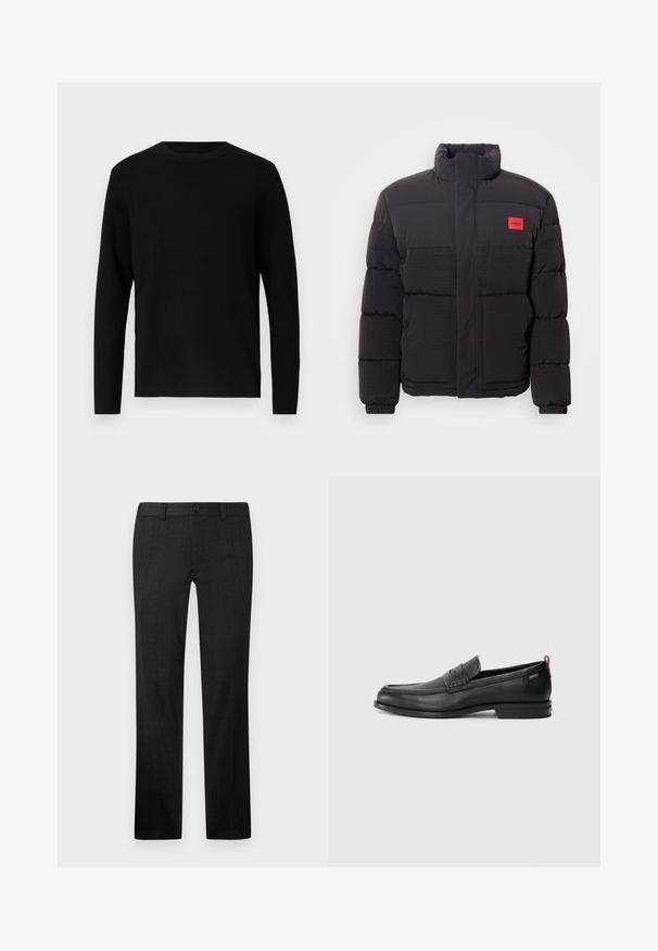 Black puffer jacket with high collar, front pockets, and red "HUGO" logo patch on left chest.; Black knit sweater with a crew neckline and long sleeves. Smooth texture and solid color, featuring no visible patterns or accents.; Black tailored trousers made of textured fabric, featuring a straight leg design, front zipper, and button closure.; Black leather loafers with a textured front panel and smooth sides. Features a slim heel and rear loop for easy wear. Classic design.