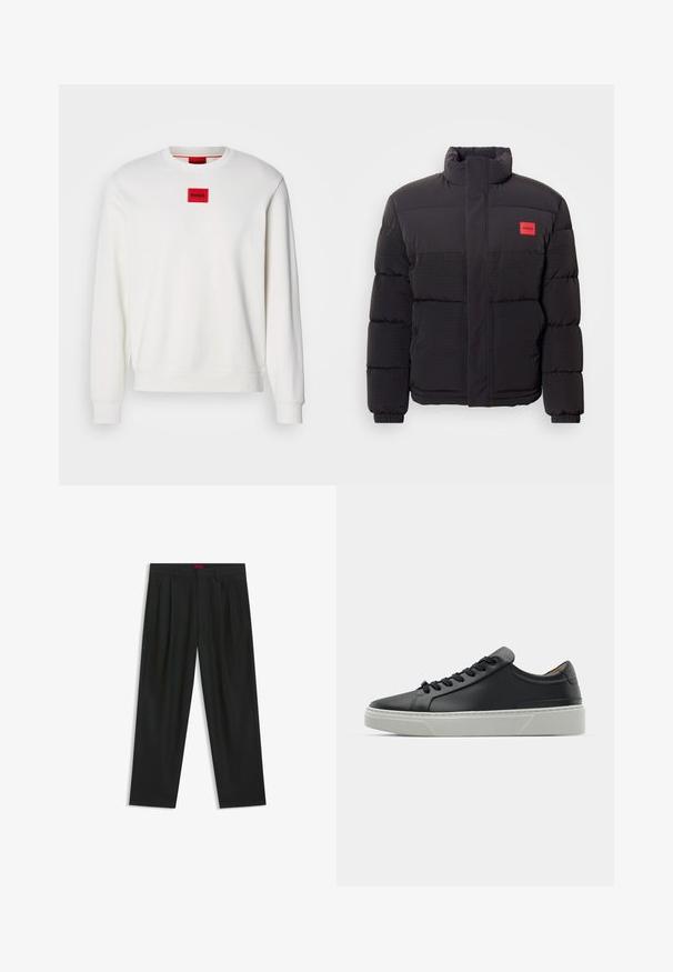 Zwarte pufferjack met hoge kraag, voorzakken en een rode "HUGO" logo patch op de linkerborst.; HUGO DIRAGOL - Sweater - natur; Zwarte broek met een geplooid ontwerp, wijde pijpen en een zachte textuur. Voorzien van een rode taillebandlabel.; Zwarte leren sneaker met een gladde textuur, ronde neus en zwarte veters. Heeft een dikke, witte rubberen zool met subtiele geometrische accenten.