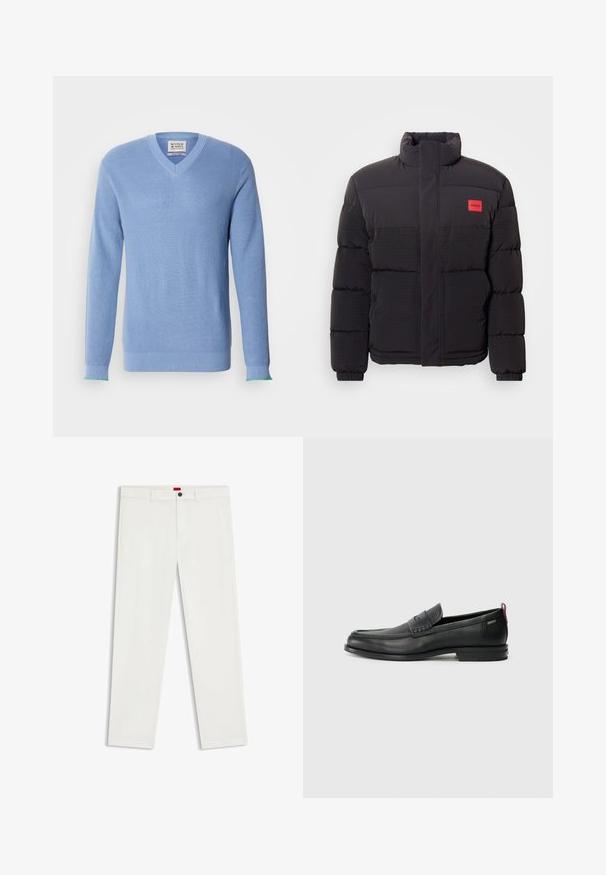 Čierna puffjacka s vysokým golierom, prednými vreckami a červenou nášivkou "HUGO" na ľavom prsníku.; Svetlomodrý sveter s výstrihom do V a rebrovanou textúrou, dlhé rukávy a kontrastné zelené akcenty na manžetách. Obsahuje štítok na golieri.; Biele nohavice z bavlneného zmesi, s priamym strihom, prednými vreckami a jediným čiernym gombíkom na páse.; Čierne kožené mokasíny s textúrovaným predným panelom a hladkými bokmi. Majú úzky podpätok a zadný pútko pre jednoduché obúvanie. Klasický dizajn.