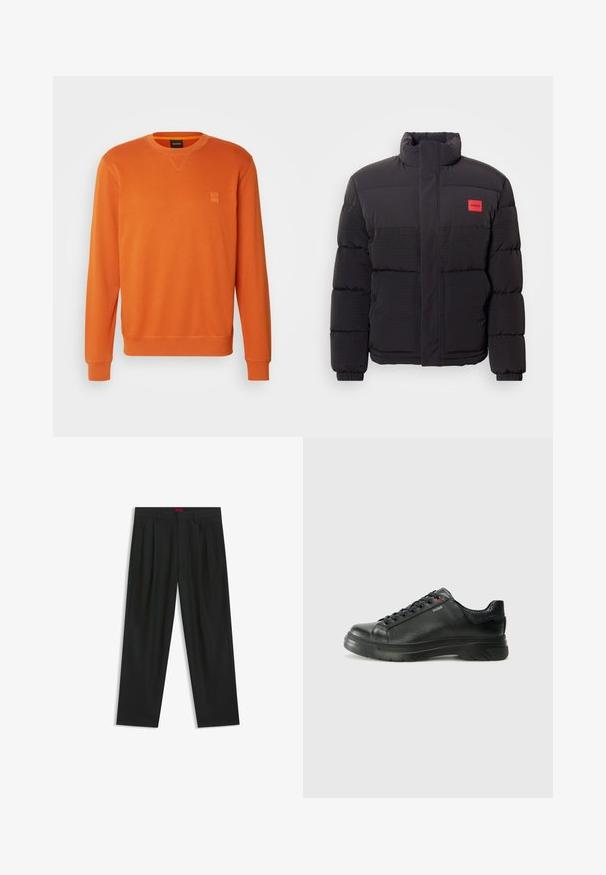 Black puffer jacket with high collar, front pockets, and red "HUGO" logo patch on left chest.; BOSS WESTART - Sweatshirt - open orange; Black trousers with a pleated design, wide leg shape, and a smooth texture. Features a red waistband tag.; Black leather sneaker with textured upper, padded collar, and red logo detail. Features a thick rubber sole with distinct tread pattern.