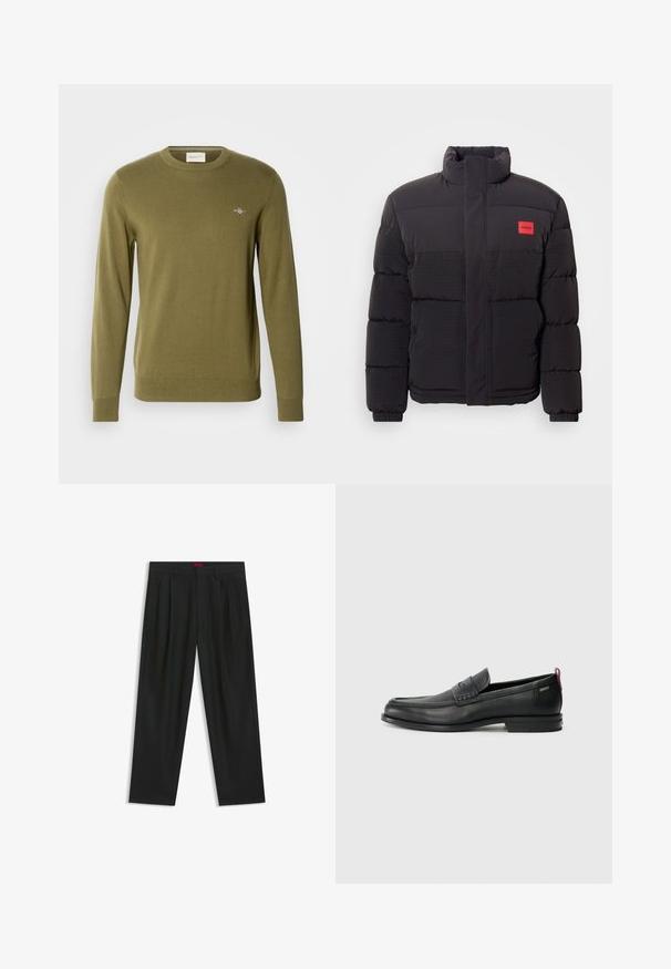 Schwarze Pufferjacke mit hohem Kragen, Fronttaschen und rotem "HUGO"-Logopatch auf der linken Brust.; Olivgrüner Strickpullover mit Rundhalsausschnitt, langen Ärmeln und gerippten Bündchen und Saum. Mit einem kleinen gestickten Logo auf der Brust.; Schwarze Hose mit einem gefältelten Design, weiter Beinform und glatter Textur. Verfügt über ein rotes Taillenlabel.; Schwarze Lederloafers mit einem strukturierten Vorderteil und glatten Seiten. Sie verfügen über einen schmalen Absatz und eine Schlaufe an der Rückseite für einfaches Anziehen. Klassisches Design.