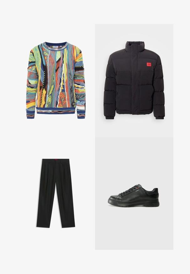 Schwarze Pufferjacke mit hohem Kragen, Fronttaschen und rotem "HUGO"-Logopatch auf der linken Brust.; Mehrfarbiger Strickpullover mit abstrakten Mustern in Blau, Gelb, Rot und Schwarz. Gerippter Kragen und Bündchen, strukturierter Stoff.; Schwarze Hose mit einem gefältelten Design, weiter Beinform und glatter Textur. Verfügt über ein rotes Taillenlabel.; Schwarze Leder-Sneaker mit strukturiertem Obermaterial, gepolstertem Kragen und rotem Logo-Detail. Verfügt über eine dicke Gummisohle mit markantem Profil.