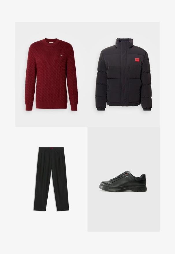 Zwarte pufferjack met hoge kraag, voorzakken en een rode "HUGO" logo patch op de linkerborst.; Bordeaux brei-sweater met diamantenpatroon, ronde hals, lange mouwen en geribde manchetten. Klein logo-detail aan de voorkant. Zachte textuur.; Zwarte broek met een geplooid ontwerp, wijde pijpen en een zachte textuur. Voorzien van een rode taillebandlabel.; Zwarte leren sneaker met een gestructureerde bovenkant, gevoerde kraag en rode logo-details. Heeft een dikke rubberen zool met een opvallend loopvlakpatroon.