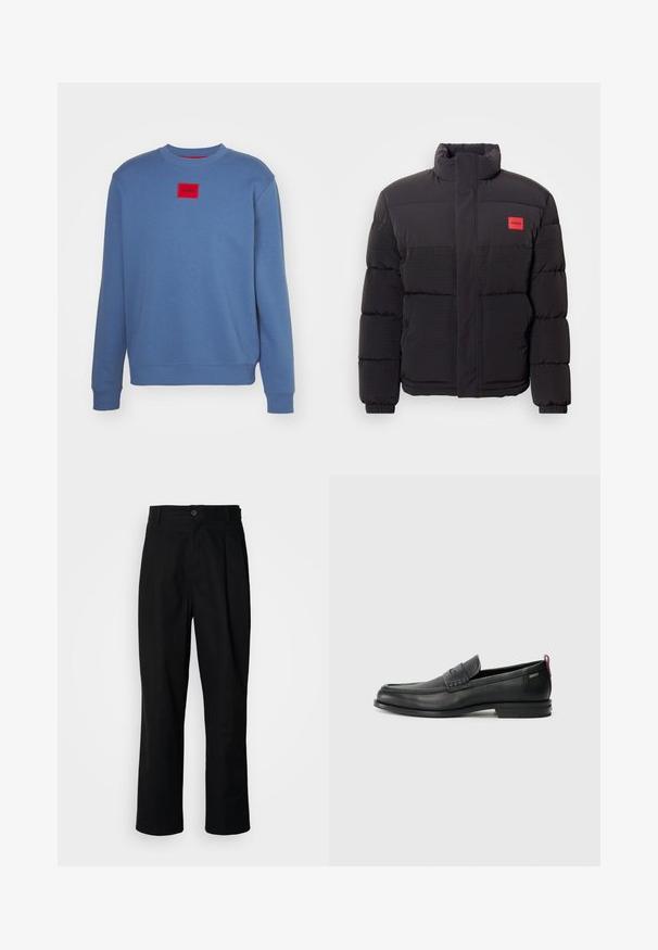 Giacca a vento nera con collo alto, tasche frontali e patch rosso con logo "HUGO" sul lato sinistro del petto.; Felpa blu in misto cotone, con collo rotondo, polsini e orlo a coste. Include una toppa rettangolare rossa con il logo "HUGO".; Pantaloni neri a gamba dritta con vita con bottoni, passanti per cintura e piega frontale, esposti su uno sfondo bianco semplice.; Mocassini in pelle nera con un pannello anteriore testurizzato e lati lisci. Presentano un tacco sottile e un anello sul retro per una vestibilità facile. Design classico.