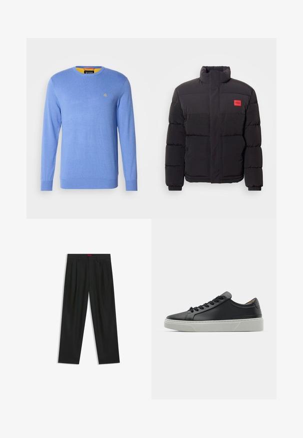 Black puffer jacket with high collar, front pockets, and red "HUGO" logo patch on left chest.; Light blue knitted sweater with long sleeves, round neck; features a small gold emblem on the chest and contrasting yellow inner collar.; Black trousers with a pleated design, wide leg shape, and a smooth texture. Features a red waistband tag.; Black leather sneaker with a smooth texture, round toe, and black laces. Features a thick, white rubber sole with subtle geometric accents.