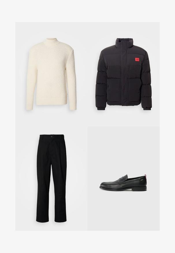 Zwarte pufferjack met hoge kraag, voorzakken en een rode "HUGO" logo patch op de linkerborst.; Crèmekleurig, textuurgebreide trui met lange mouwen en een geribbelde hoge hals, manchetten en zoom op een witte achtergrond.; Zwarte rechte broek met een knoopsluiting, lusjes voor een riem en een voornaad, gepresenteerd tegen een effen witte achtergrond.; Zwarte leren instappers met een textuur aan de voorkant en gladde zijden. Voorzien van een slanke hak en een lus aan de achterkant voor gemakkelijk aan- en uittrekken. Klassiek ontwerp.