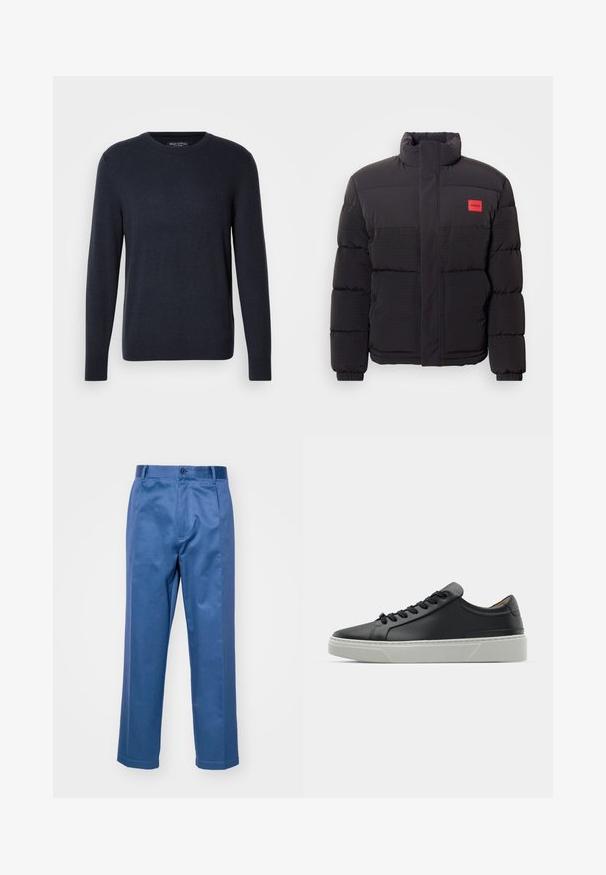 Fekete puffermellény magas gallérral, elülső zsebekkel és piros "HUGO" logóval a bal mellrészen.; Tengerészkék, kerek nyakú pulóver puha kötött anyagból, hosszú ujjakkal és diszkrét logóval a mellkasán, bordázott mandzsettákkal és alsó szegéllyel.; Kék nadrág sima szövetből, egyenes szabású kialakítással, gombos záródással és diszkrét varrási részletekkel.; Fekete bőr sportcipő sima felülettel, kerek orral és fekete fűzőkkel. Vastag, fehér gumitalppal rendelkezik, amelyen finom geometriai díszítések találhatók.